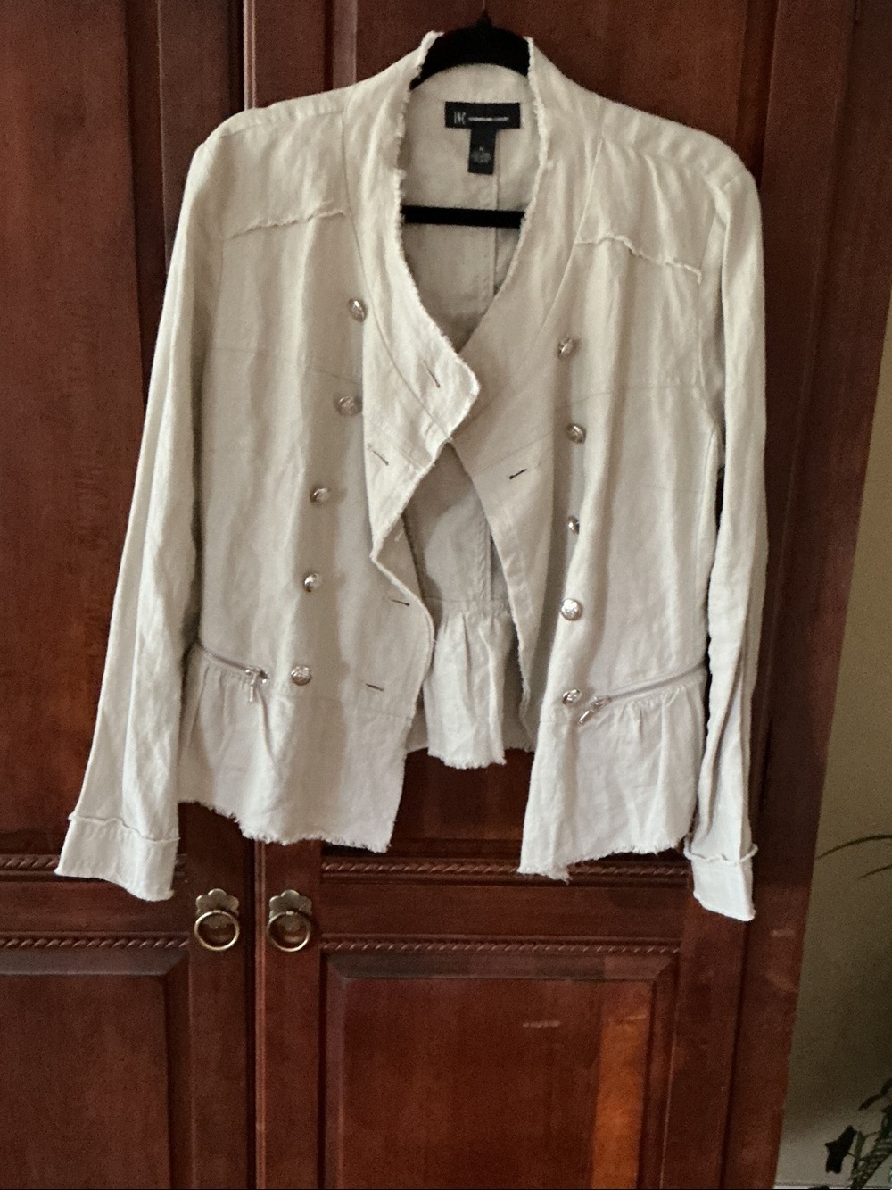 INC International Concepts Off-White Double-Breasted Frayed Edge Blazer